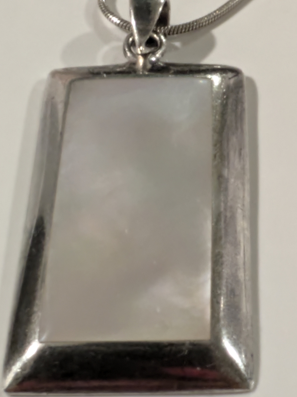 Vintage Mother of Pearl Rectangular Pendant Necklace in White and Silver